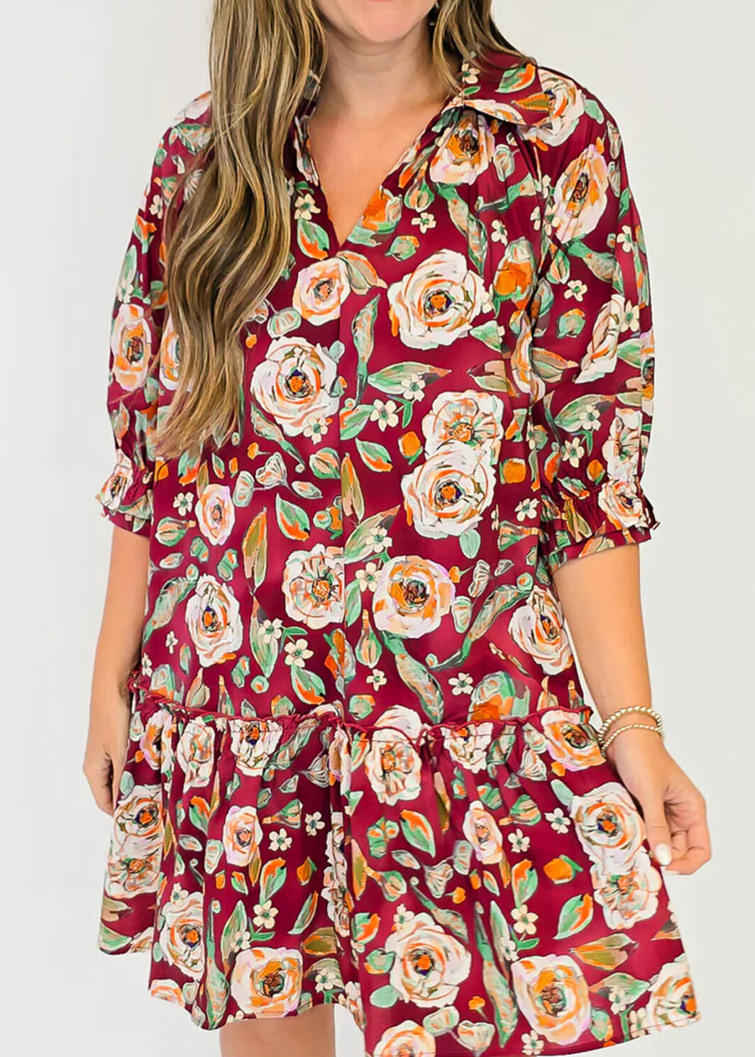 Red Floral Print Half Sleeve Short Shift Dress