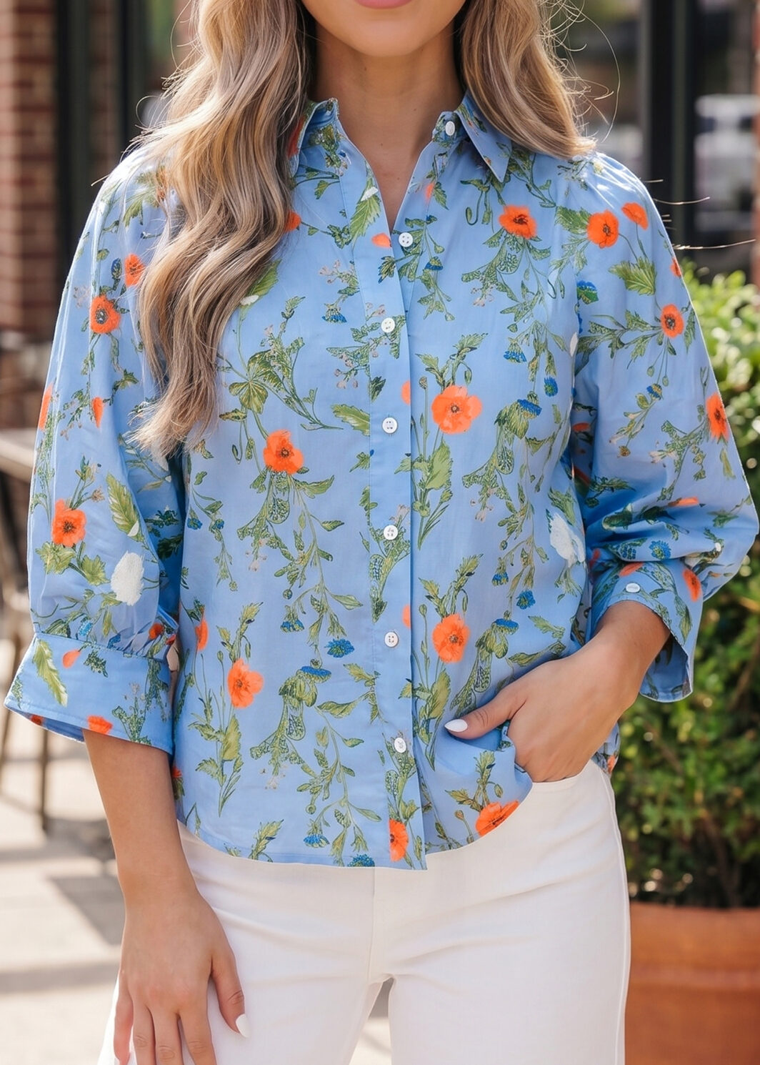 Sky Blue Floral Print Bracelet Sleeve Button Down Casual Shirt
