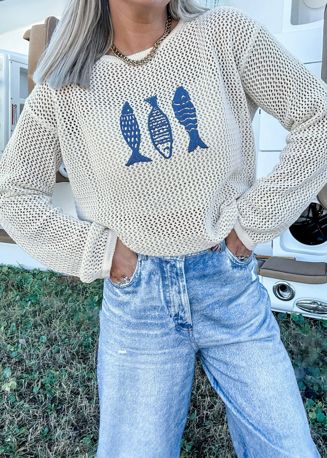White Open Knit Fish Embroidered Casual Sweater