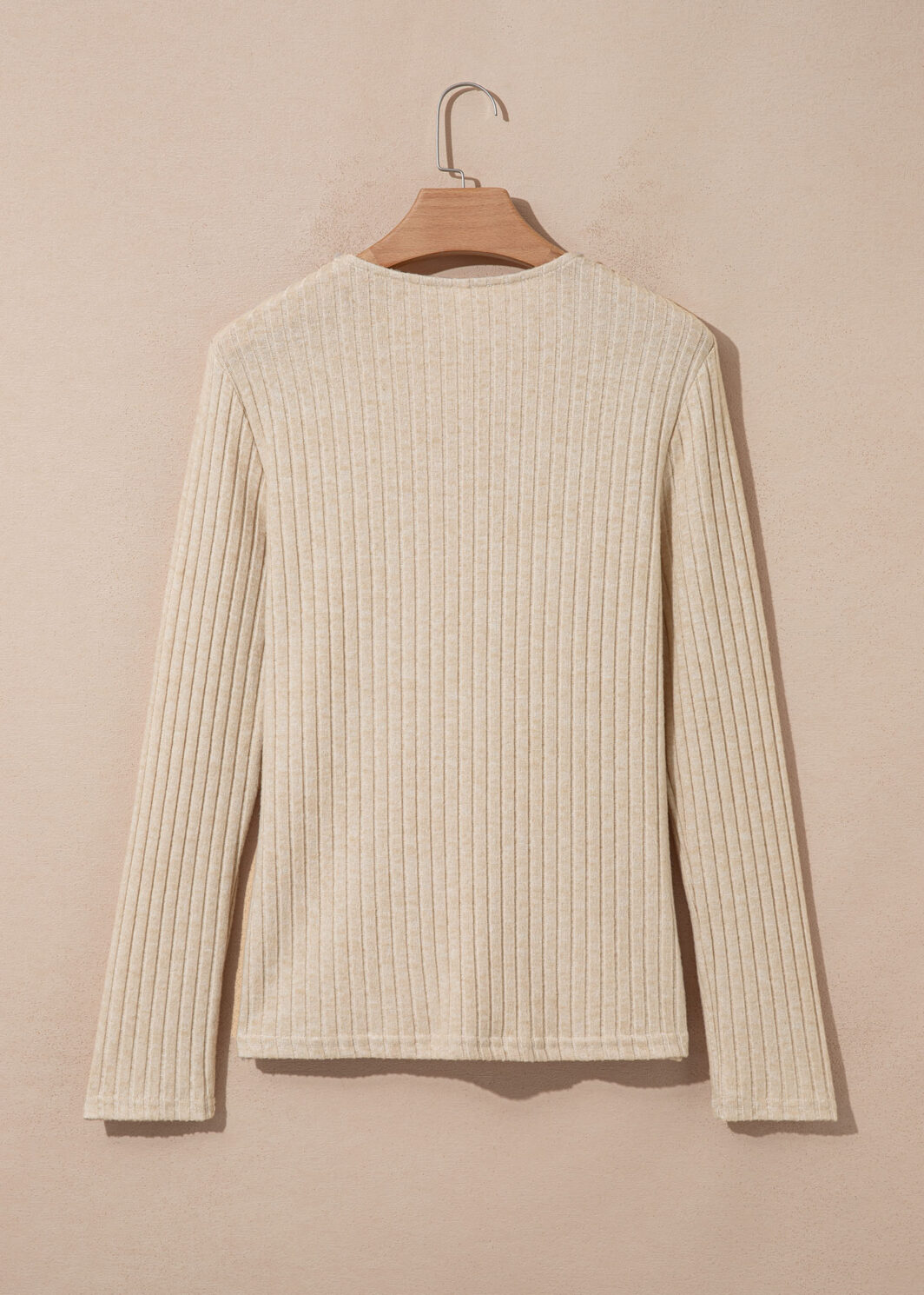 Apricot Solid Color Ribbed Knit Cowl Neck Long Sleeve Top