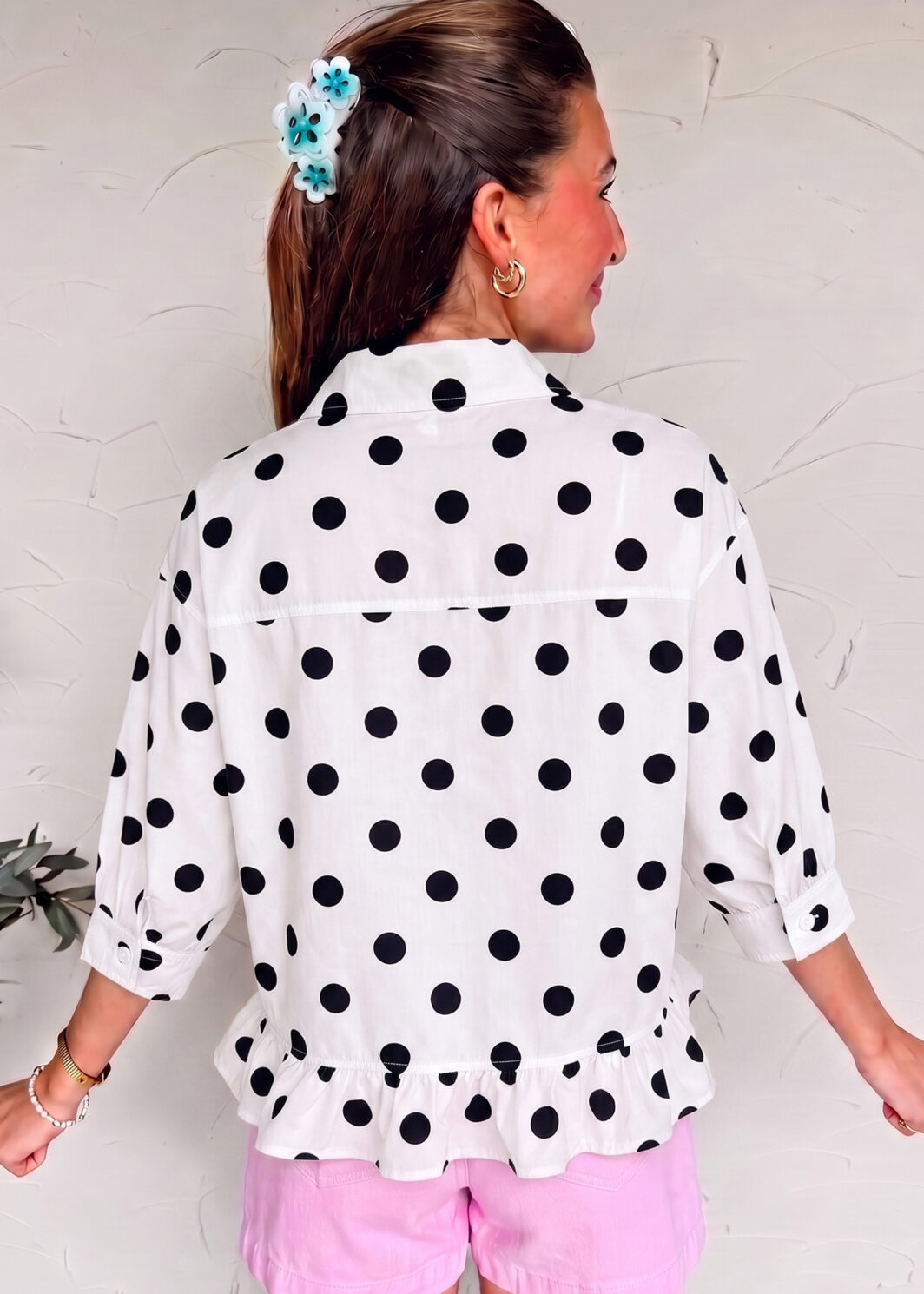 White Polka Dot Print Three Quarter Sleeve Ruffle Hem Casual Shirt