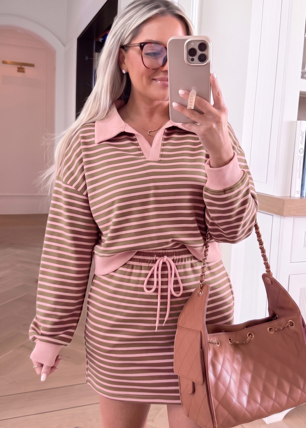 Brown Stripe Striped Drawstring Waist Long Sleeve Top Mini Skort Set