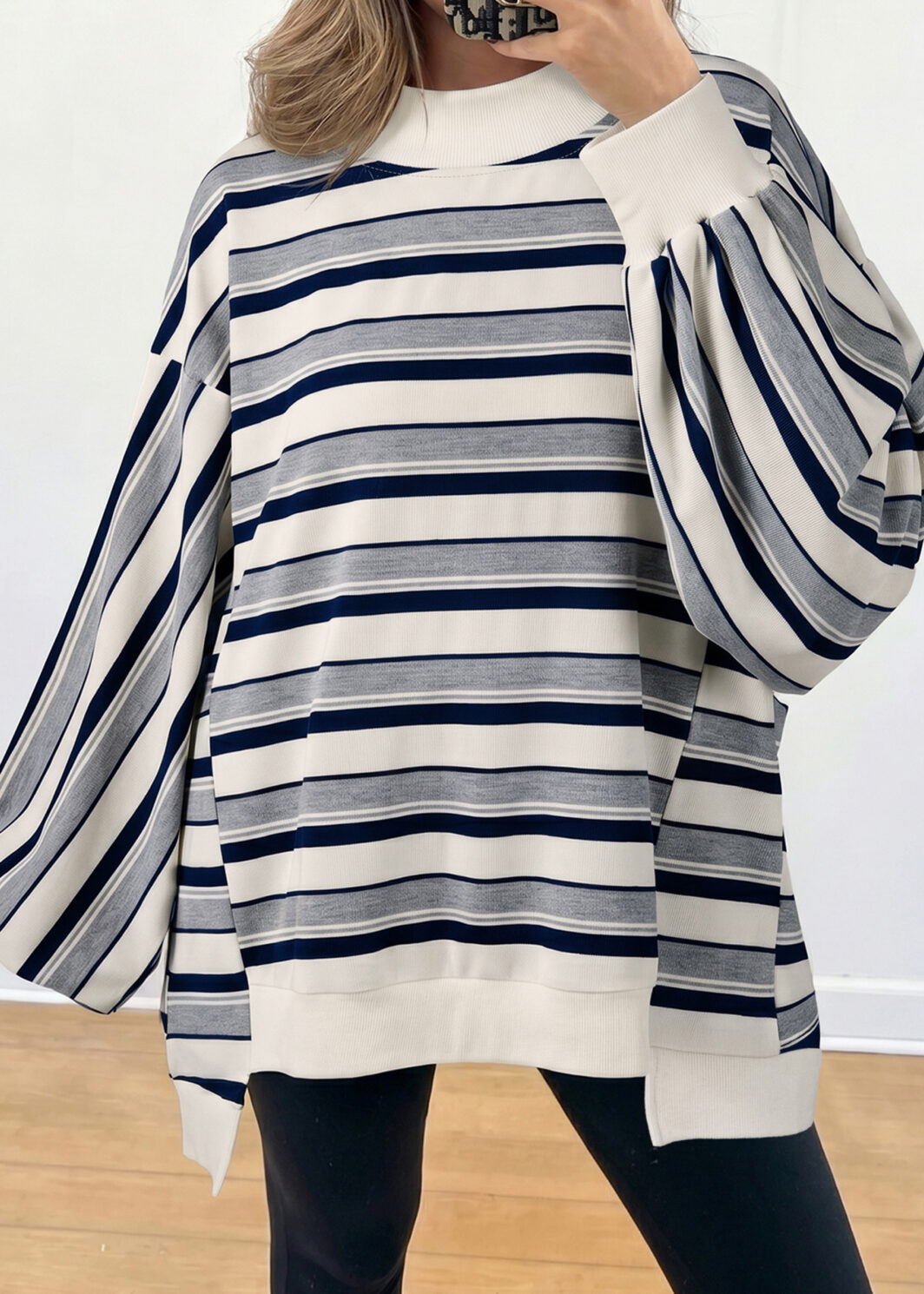 Blue Stripe Striped Ribbed Stand Neck Long Sleeve Shift Silhouette Sweatshirt