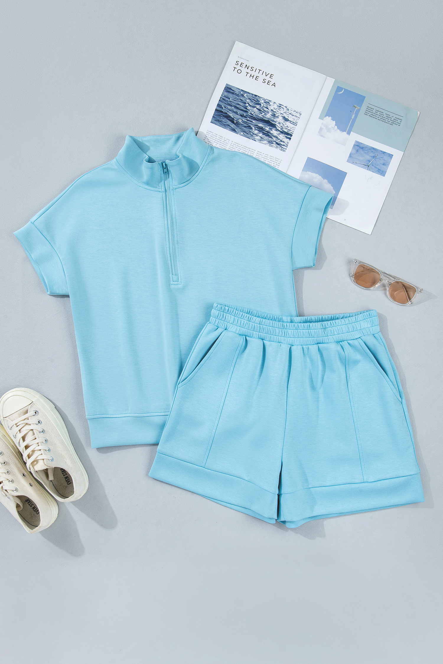 Myosotis Half Zip High Neck Tee Athleisure Short Set