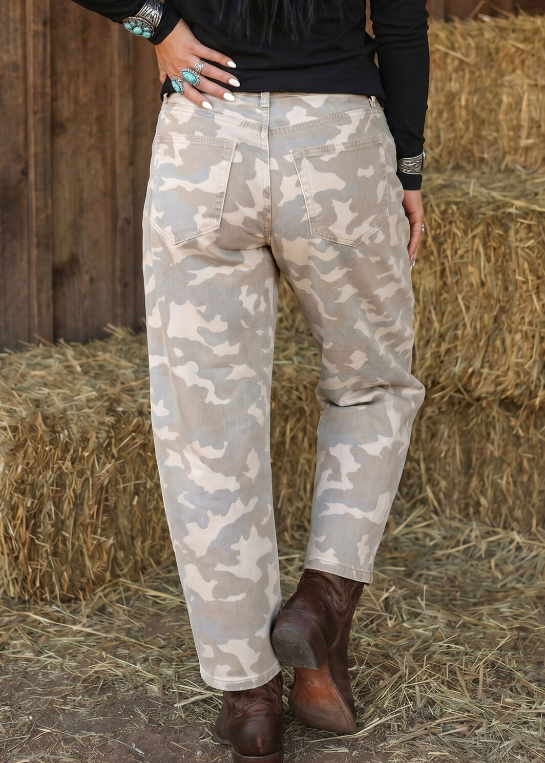 Khaki Camouflage Print Pocket Ankle-Length Barrel Jeans