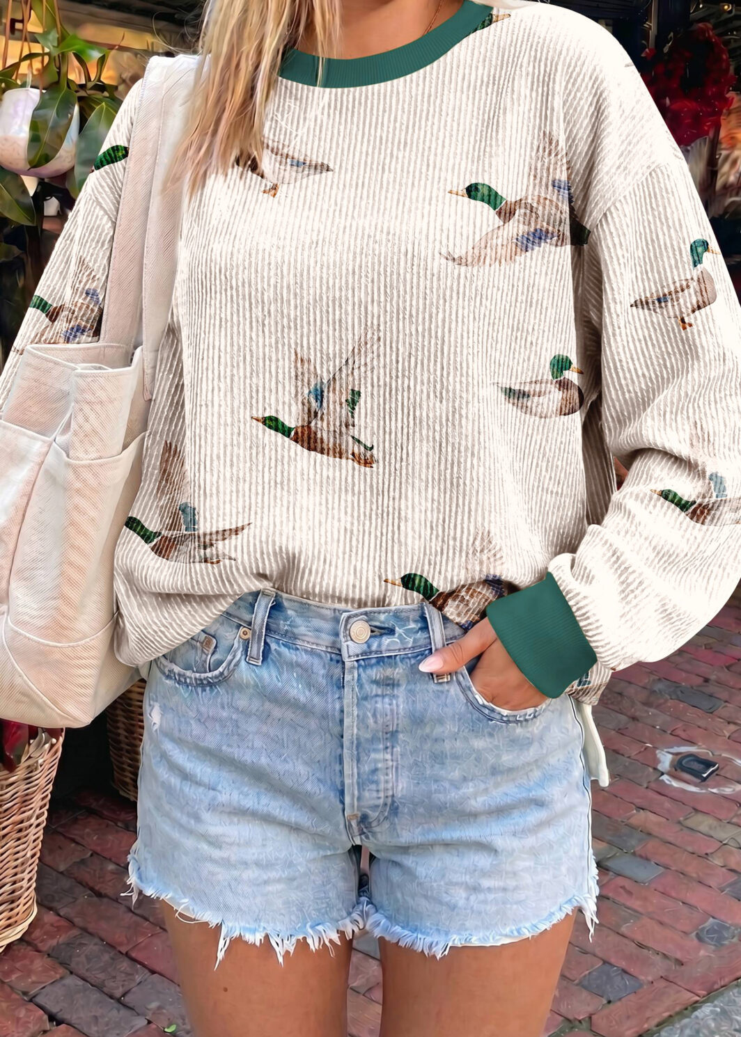 Beige Twisted Ribbed Duck Print Crewneck Casual Pullover Top
