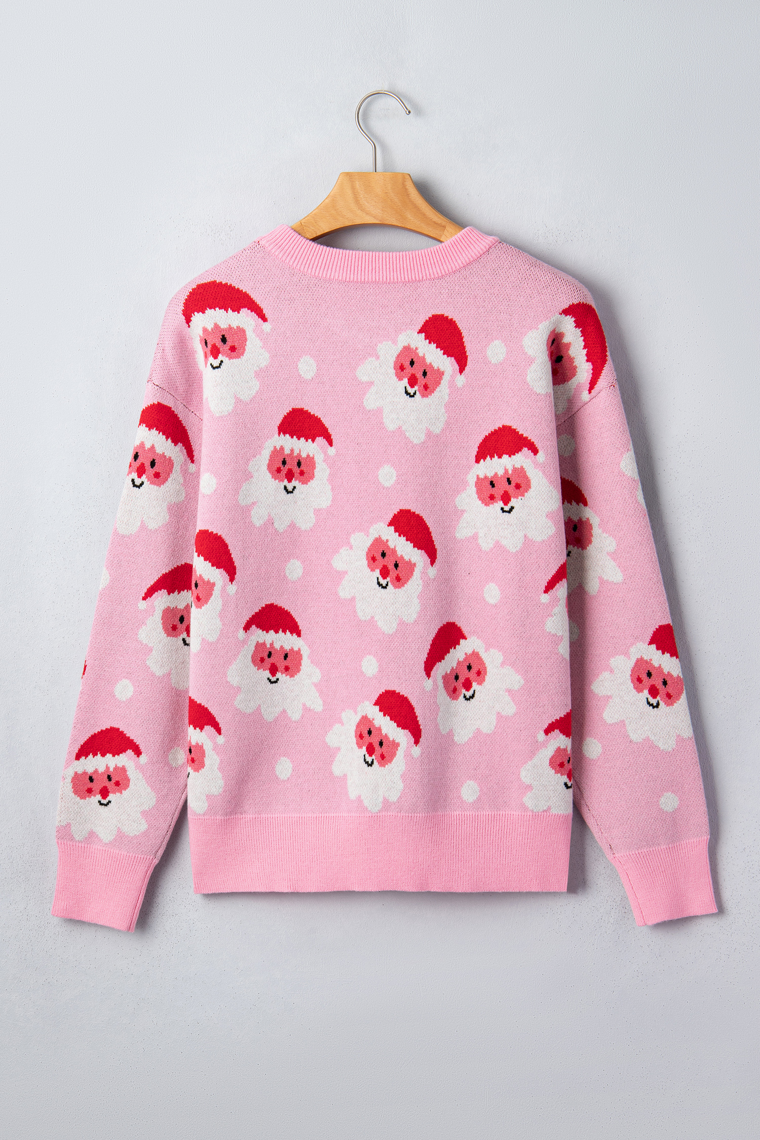 Pink Cartoon Santa Pattern Round Neck Dropped Shoulder Sweater
