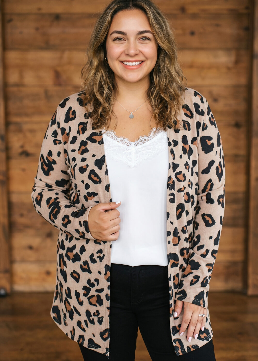 Khaki Leopard Print Long Sleeve V Neck Tunic Plus Size Cardigan