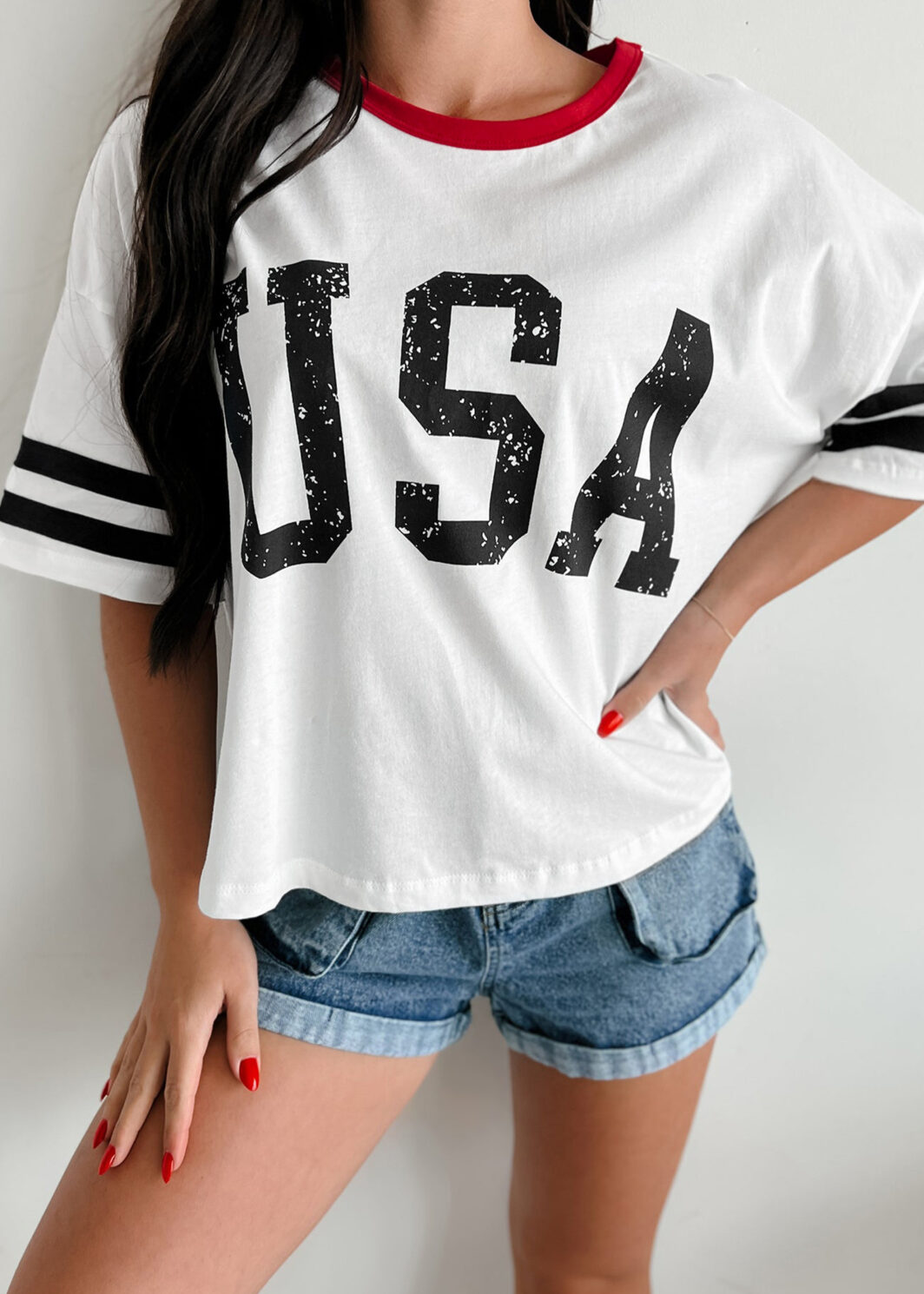 White USA Letter Printed Varsity Striped Sleeve Round Neck Tee