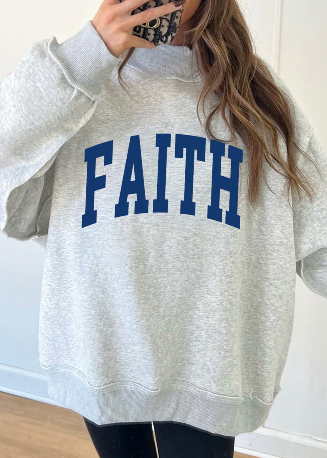 Light Grey FAITH/ JESUS Double Side Letter Print Casual High Neck Sweatshirt