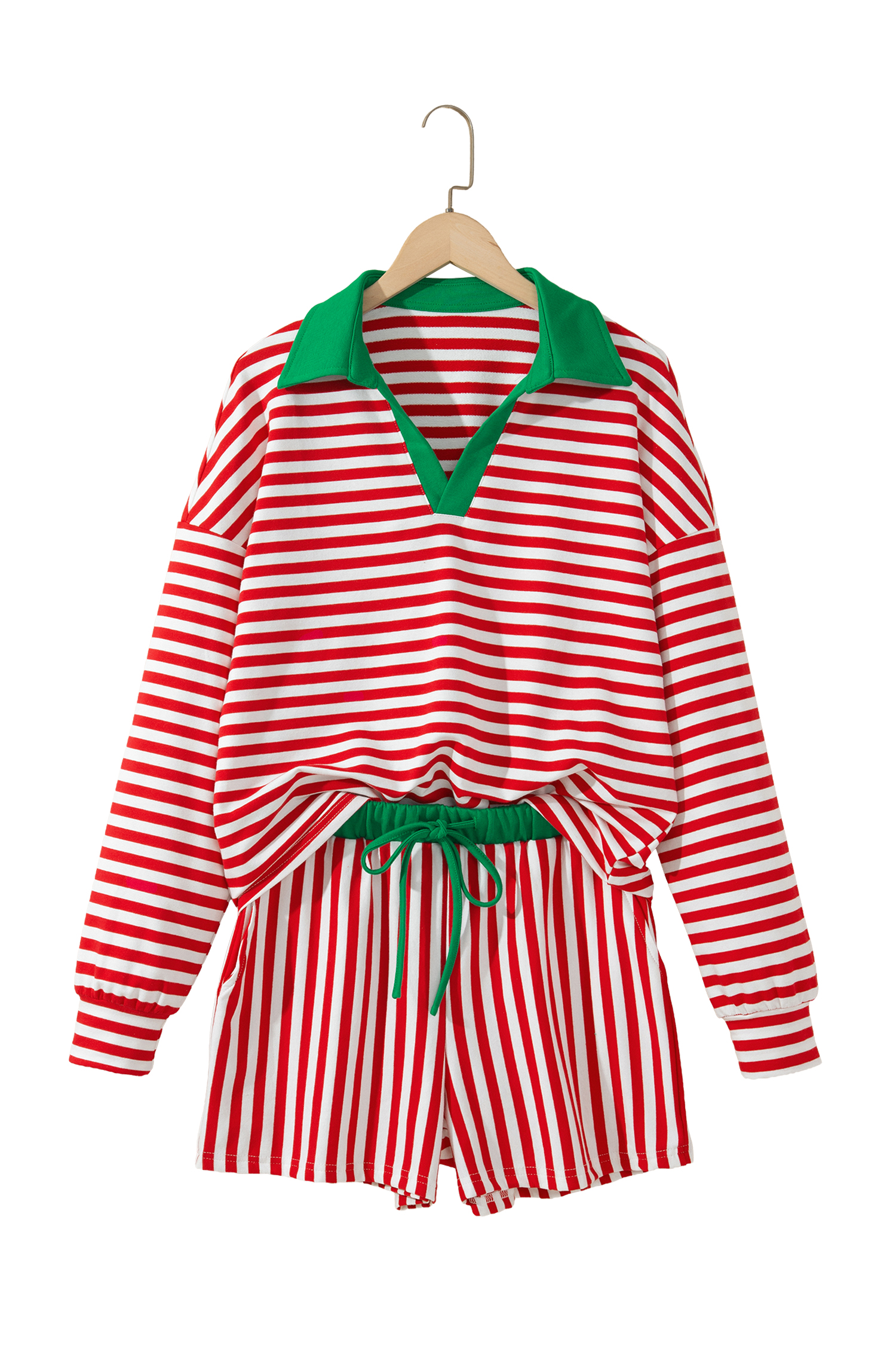 Red Stripe Colorblock Trim Polo Collar Drawstring Elastic Waist Band Casual 2pcs Outfit
