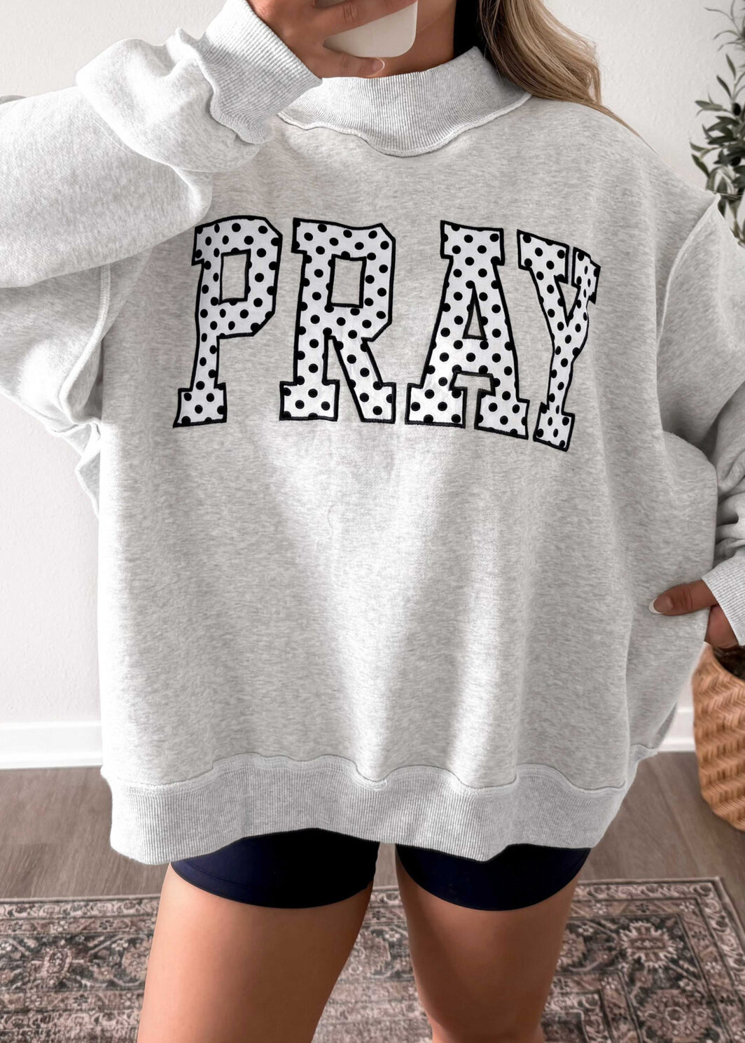 Gray PRAY Polka Dot Embroidered Mock Neck Sweatshirt