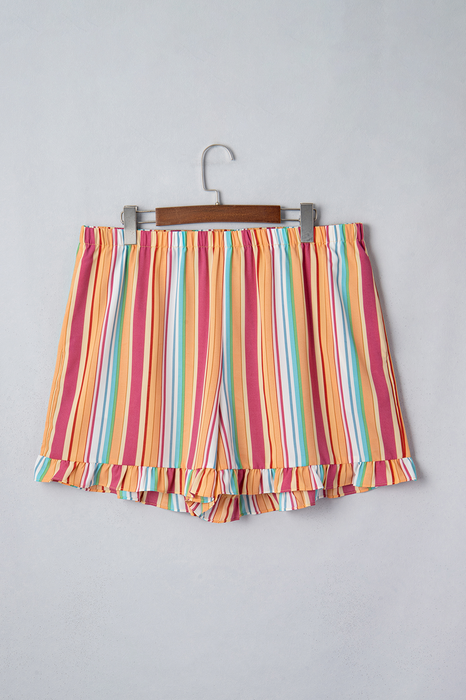 Orange Stripe Plus Size Elastic Waist Ruffle Hem Shorts