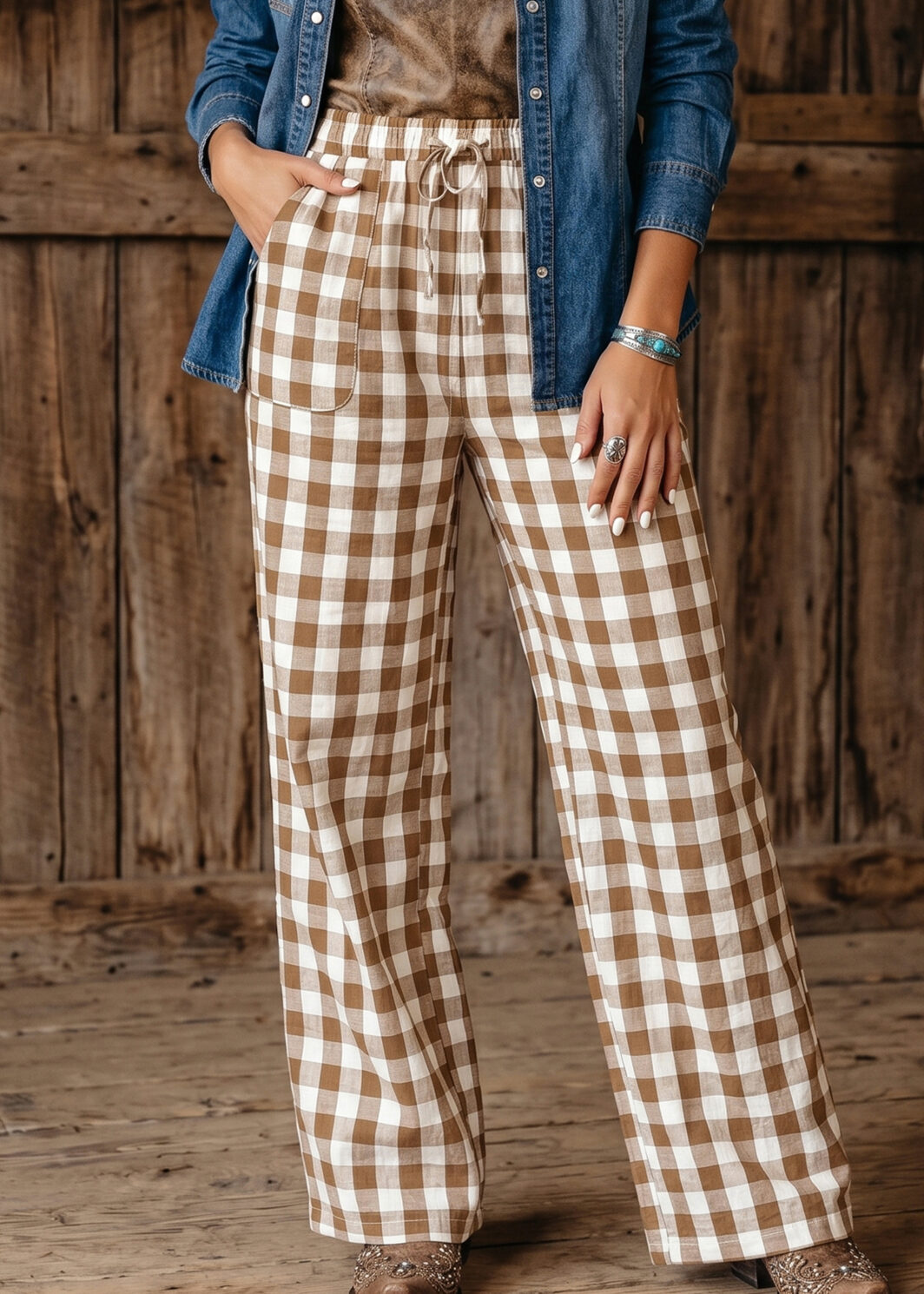 Brown Gingham Plaid Tie Elastic Waist Shift Pants
