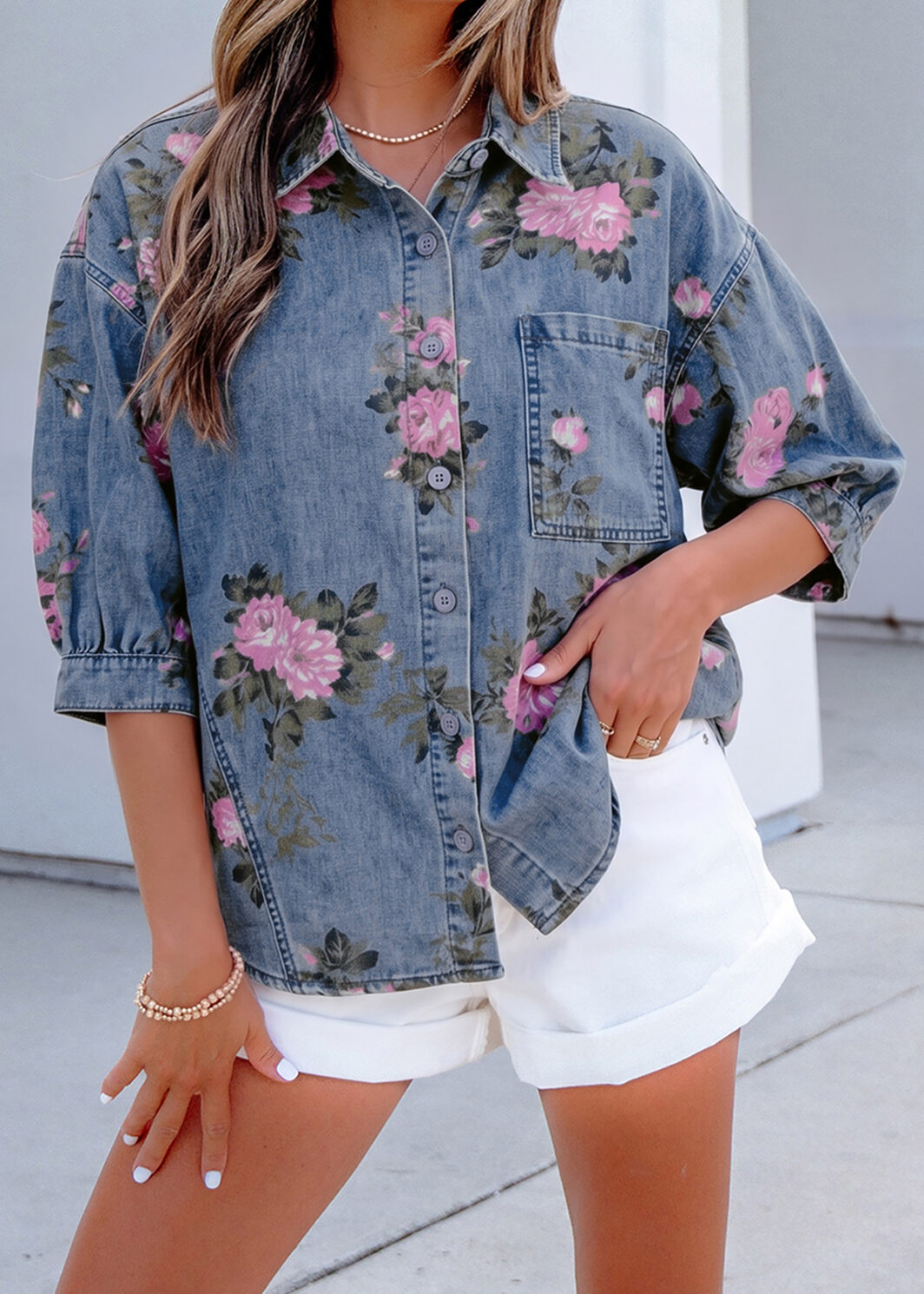 Blue Bracelet Sleeve Floral Denim Shirt