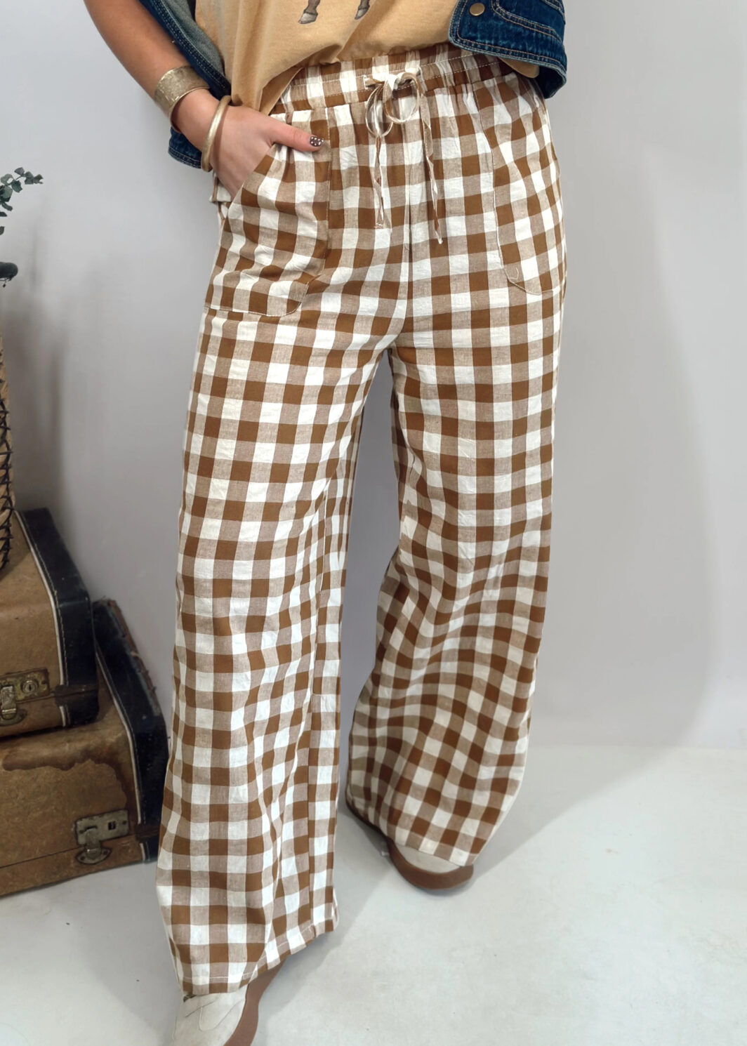 Brown Gingham Plaid Tie Elastic Waist Shift Pants
