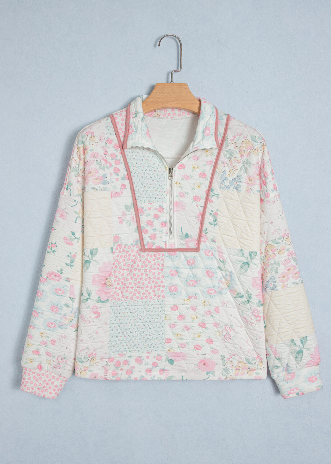 Multicolour Floral Quilted Metal Zipper Collar Long Sleeve Sweatshirt
