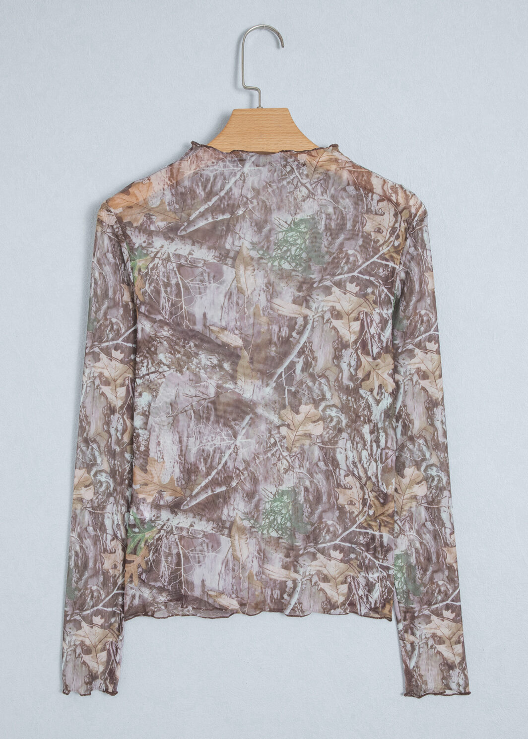 Smoke Gray Floral Print Slim Fit Mesh Long Sleeve Mock Neck Top
