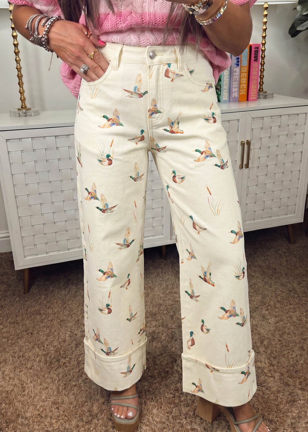 Beige Stylish Mallard Printed Cuffed Hem Shift Jeans