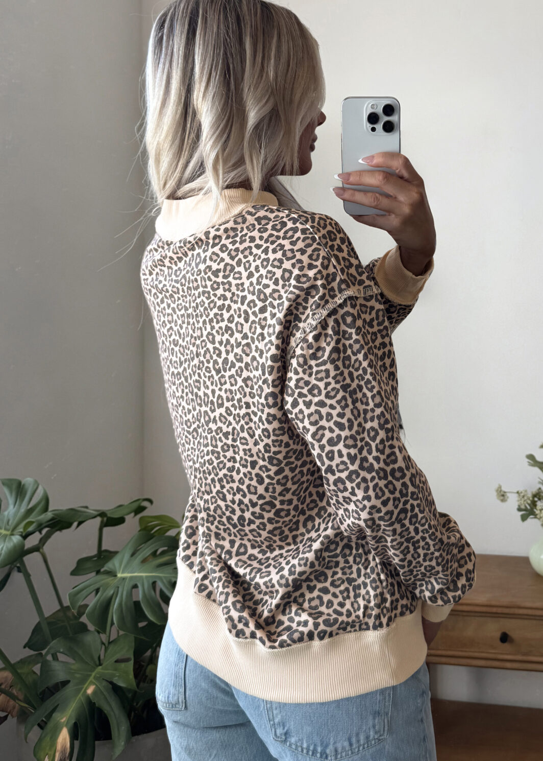 Multicolour Leopard Print High Neck Long Sleeve Ribbed Cuffs Hem Sweatshirt