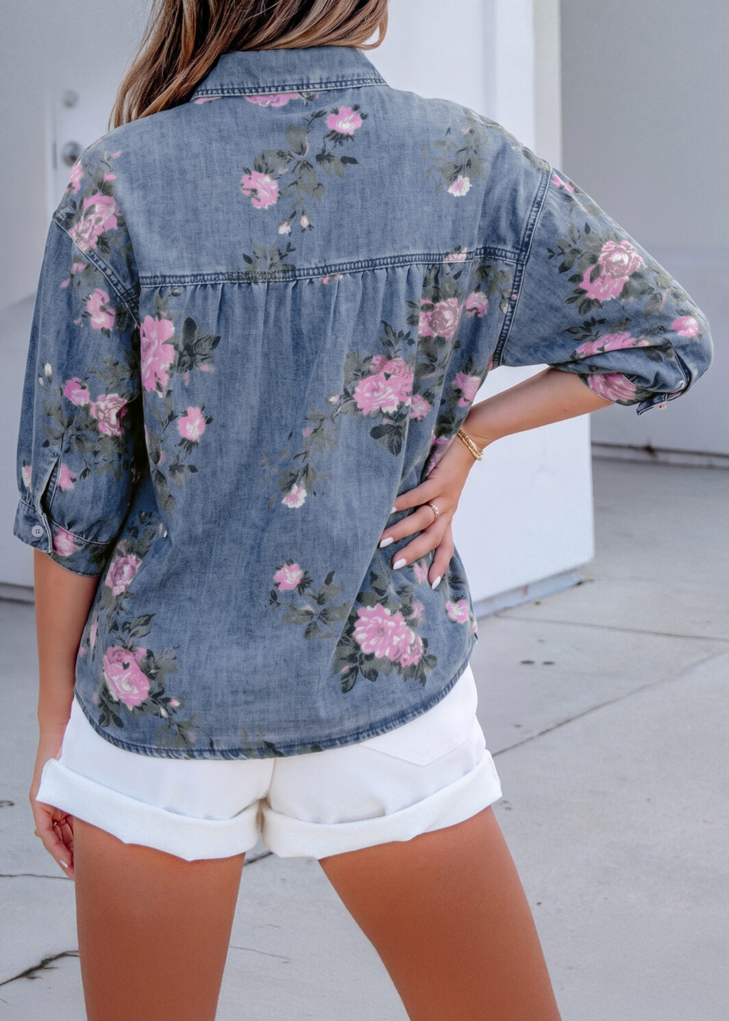 Blue Bracelet Sleeve Floral Denim Shirt